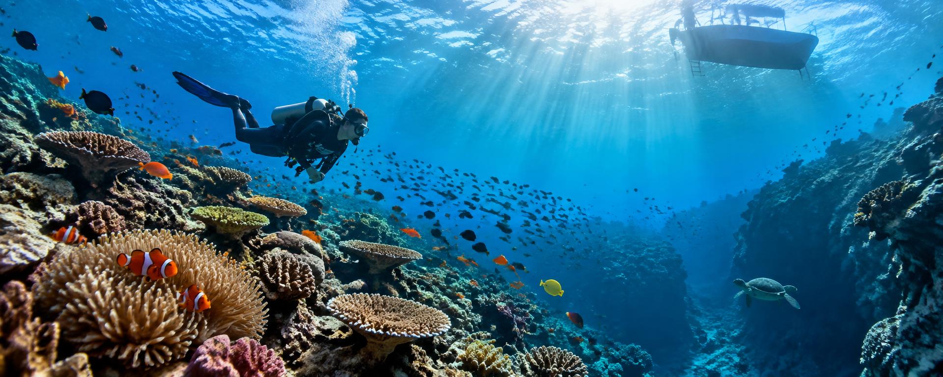 A scuba diver over a coral reef in Okinawa, with a dive boat on the surface